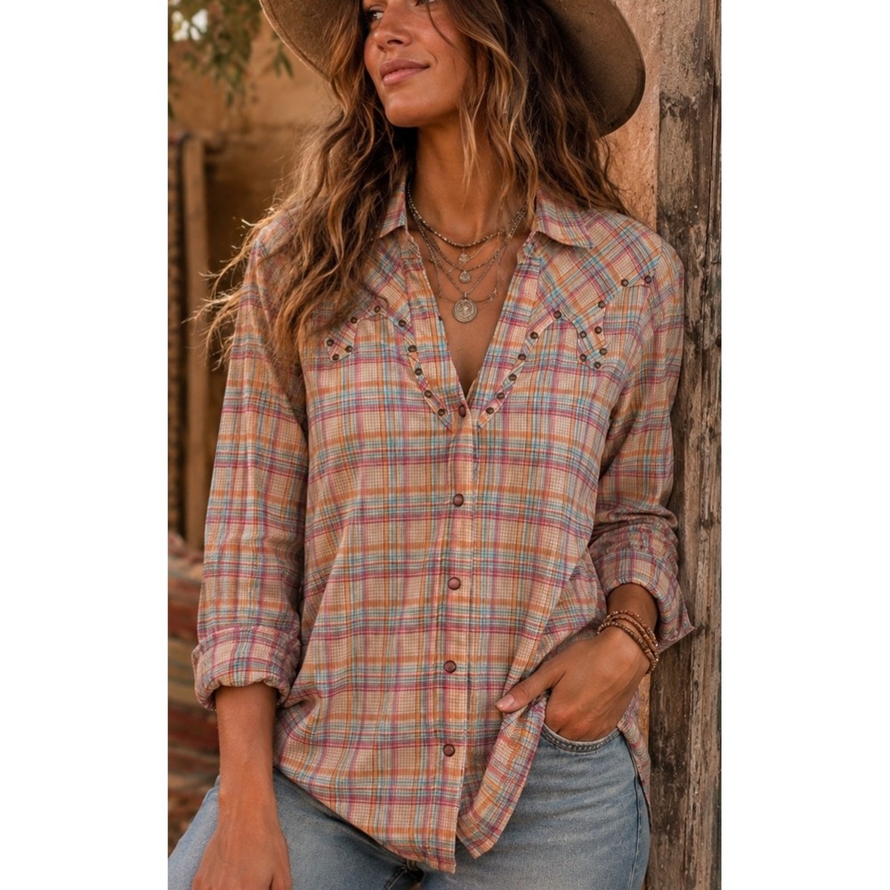 Wrangler Womens Plaid Studded Western Snap Shirt Multicolor size Small